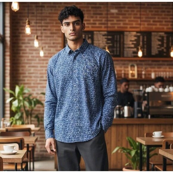 J. Ferrar Floral Button Up XL Shirt Blue Long Sleeve Slim Fit Stretch Profession - Picture 3 of 5